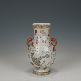 Famille Rose Flower and Bird Pattern Porcelain Double Ears Vase