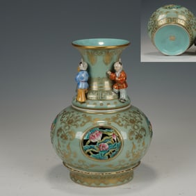 Bean Green Glazed Gold Drawing Flower Carved Child Pattern Porcelain Vase