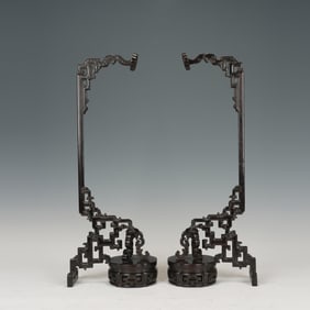 Pair of Red Sandalwood Carved Dragon Pattern Lamp Stand