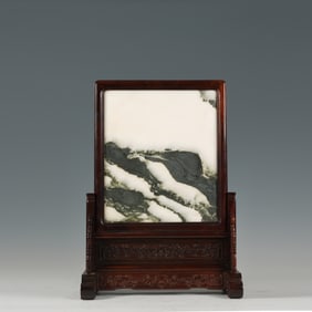 Red Sandalwood Inlaid Marble Carved Phoenix Pattern Table Plaque