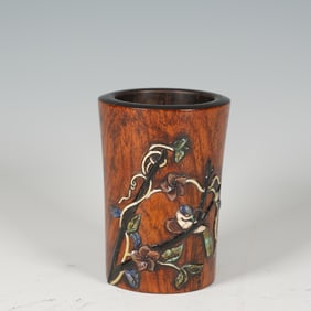Huanghuali Wood Multi GemStone Inlaid Carved Flower and Bird Pattern Brush Pot