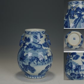 Blue and White Pine Tree and Deer Pattern Porcelain Double Deer Ears Zun