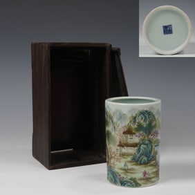 Famille Rose Character and Landscape Pattern Porcelain Brush Pot