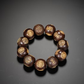 Agarwood Inlaid Gilt Bronze and Gem Stone Carved Shou Pattern Bead Bracelet