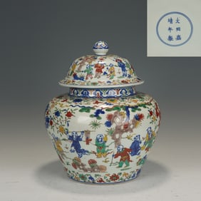 Wucai Character Story Pattern Porcelain Lid Pot