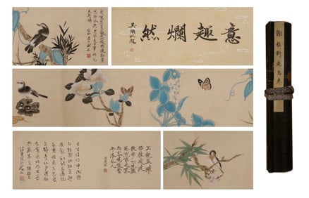 Chinese Drawing Flower and Bird Hand Scroll,Xie Zhiliu Mark