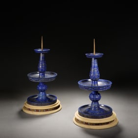 Pair of Lapis Carved Flower Pattern Candlestick