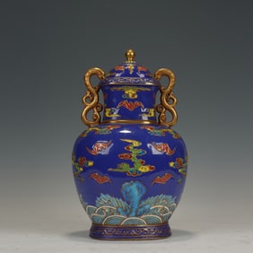 Famille Rose Bat Pattern Porcelain Double Dragon Ears Vase