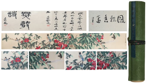 Chinese Drawing Flower and Bird Hand Scroll,Xie Zhiliu Mark
