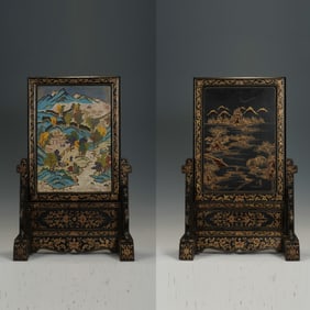 Lacquerware Inlaid Bronze Cloisonne Carved Landscape and Character Story Pattern Table Plaque