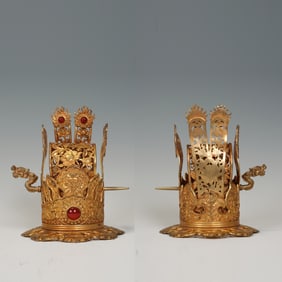 Pair of Gilt Bronze Inlaid Gem Stone Carved Flower and Dragon Pattern Hairpin