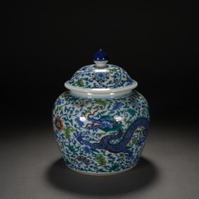 Doucai Flower and Dragon Pattern Porcelain Lid Pot