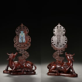 Wood Inlaid Bronze Cloisonne Carved Flower Pattern Deer Shape Table Plaque