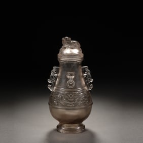 White Crystal Carved Beast Face Pattern Double Ears Vase