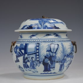Blue and White Character Story Pattern Porcelain Lid Pot