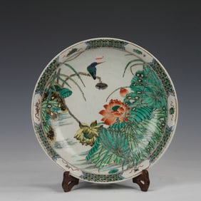 Wucai Lotus Flower and Bird Pattern Porcelain Plate