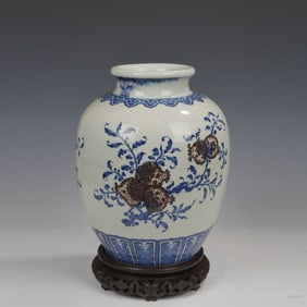 Blue and White Red Inglazed Pomegranate Pattern Porcelain Pot