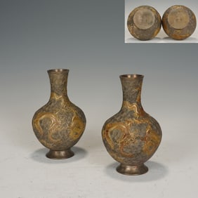 Pair of Gilt Silver Carved Cloud and Dragon Pattern Vase