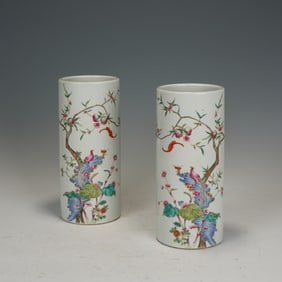 Pair of Famille Rose Flower and Bird Pattern Porcelain Pot