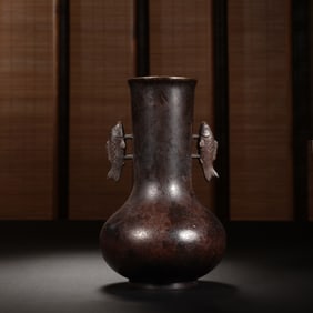 Bronze Carved Double Fish Ears Vase