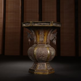 Bronze Carved Beast Pattern Double Ears Vase