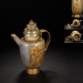 Agate Inlaid Solid Gold Carved Dragon Pattern Pot