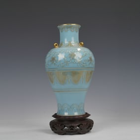 Light Grey Glazed Gold Drawing Flower Pattern Porcelain Double Ears Vase