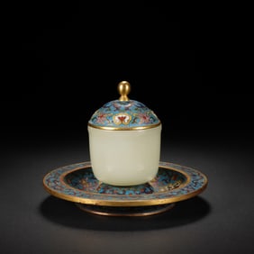Jade Inlaid Bronze Cloisonne Carved Flower Pattern Cup and Plate