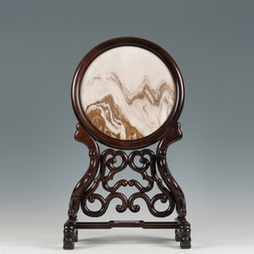 Rosewood Inlaid Marble Carved Flower Pattern Table Plaque