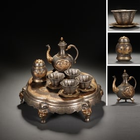 Group of Seven Silver Carved Flower and Phoenix Pattern Pot and Cup & Plate