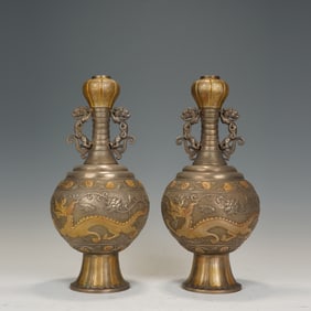 Pair of Gilt Silver Carved Flower and Dragon Pattern Vase