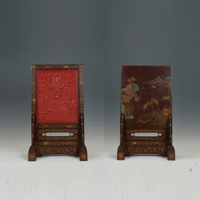 Lacquerware Red Carved Cloud and Dragon Pattern Table Plaque