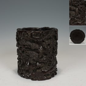 Red Sandalwood Carved Pine Tree and Crane Pattern Brush Pot