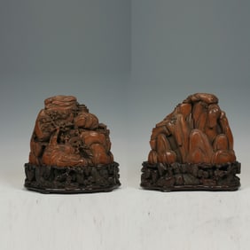 Sandalwood Carved Landscape and Character Story Shape Figure