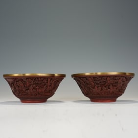 Pair of Lacquerware Red Carved Landscape and Character Story Pattern Bowl
