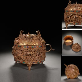 Gilt Silver Inlaid Gem Stone Carved Dragon Pattern Incense Burner