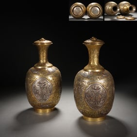 Pair of Gilt Bronze Carved Flower and Bird Pattern Vase