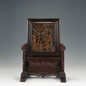 Red Sandalwood Carved Character Story Pattern Table Plaque