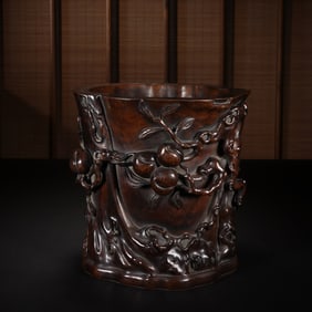 Red Sandalwood Carved Peach Pattern Brush Pot