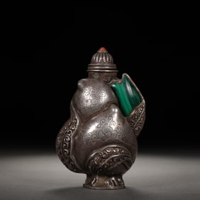 Silver Inlaid Gem Stone Carved Flower Pattern Snuff Bottle