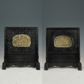 Red Sandalwood Inlaid Jade Carved Flower and Fish Pattern Table Plaque