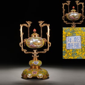 Bronze Enamel Blue Base Character Story Pattern Double Chi Dragon Ears Incense Burner