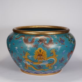 Bronze Cloisonne Carved Sea Wave and Dragon Pattern Pot