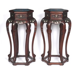 Pair of Red Sandalwood Inlaid Bronze Cloisonne Carved Flower and Bat Pattern Table