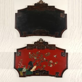 Huanghuali Wood Inlaid Multi GemStone Carved Flower and Bird Pattern Wall Panel