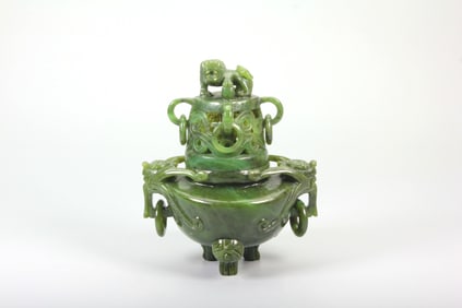 A HETIAN SPINACH-GREEN JADE 'LION' CENSER