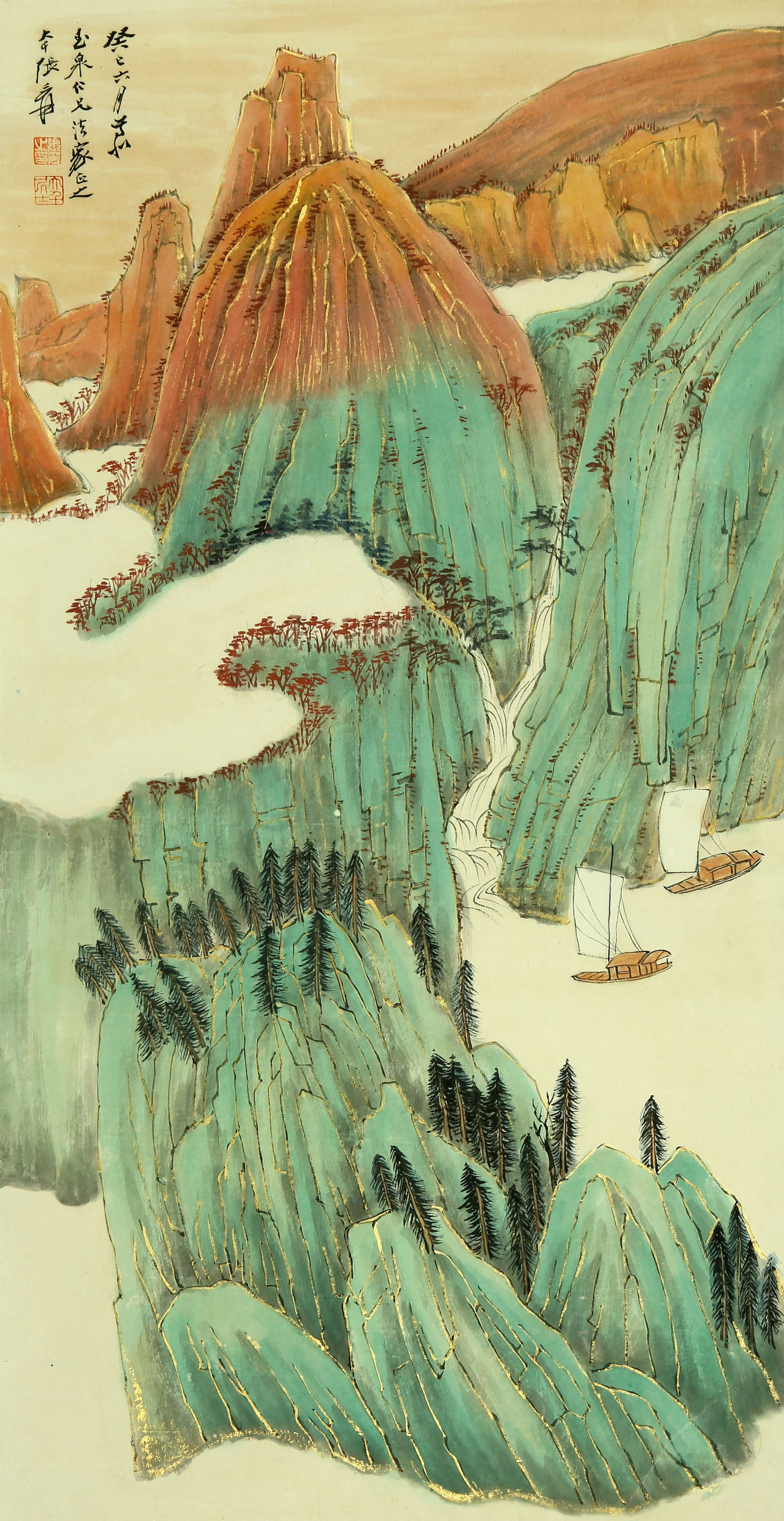 A CHINESE HAND PAINTING WITH THE MARK OF ZHANG DAQIAN: A CHINESE HAND PAINTING WITH THE MARK OF ZHANG DAQIAN 92*47CM