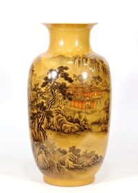 A YELLOW-GROUND BLACK-DECORATED 'LANDSCAPE' BOTTLE VASE