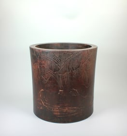 A LARGE ZITAN BRUSHPOT CARVED WITH 'FIGURE AND POEM' DESIGN