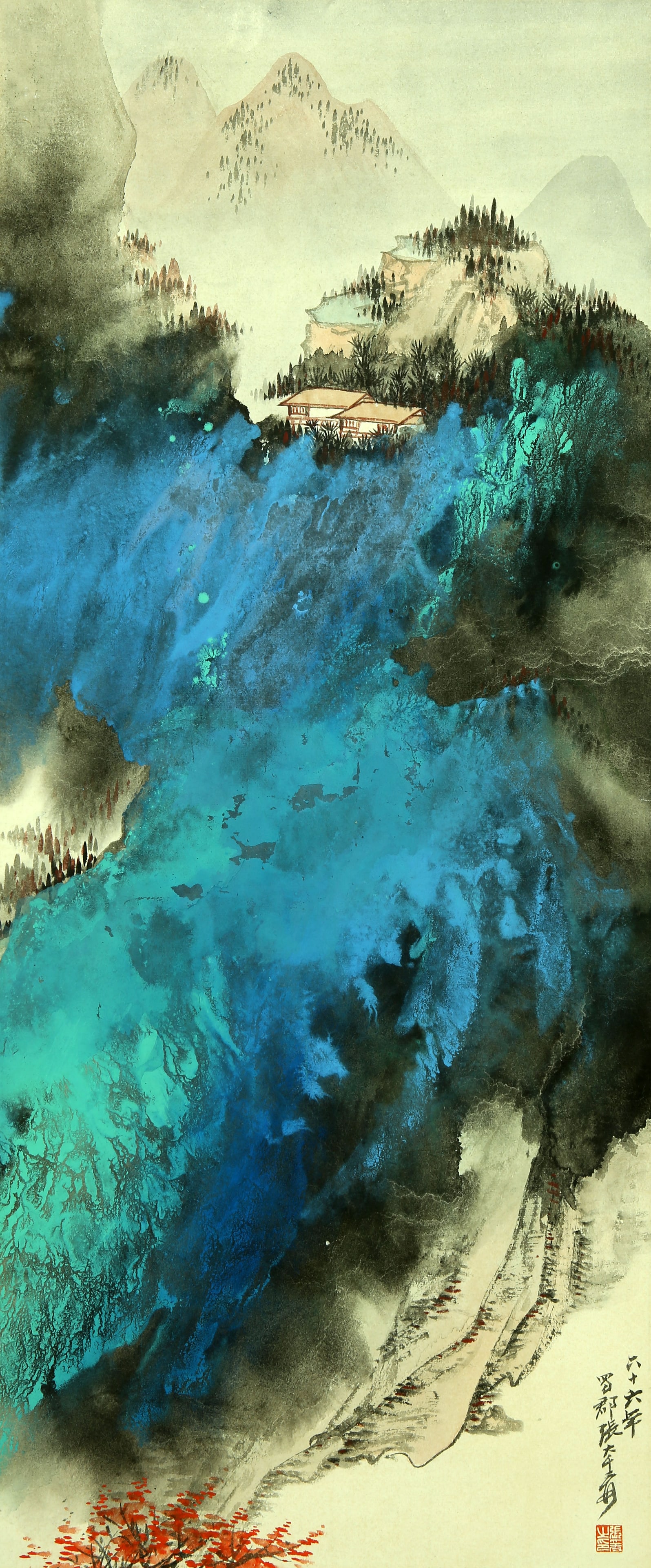 A CHINESE HAND PAINTING WITH THE MARK OF ZHANG DAQIAN: A CHINESE HAND PAINTING WITH THE MARK OF ZHANG DAQIAN 88*37CM